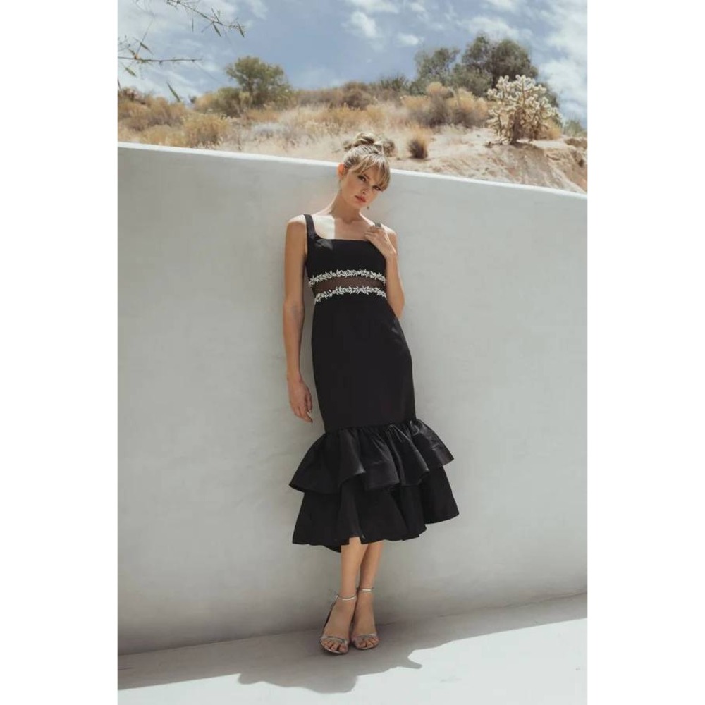 NWT Mac Duggal Black‎ Crepe Ruffle Hem Midi Dress With Jewel Detail - Size 8 - Picture 3 of 14